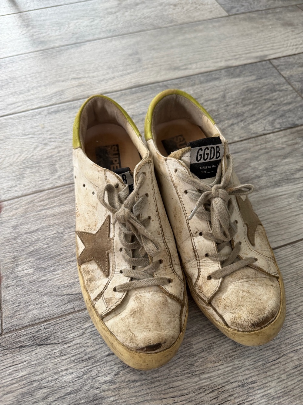 Golden Goose White Leather Sneakers with Neon Yellow Heel and Brown Star - Picture 5 of 5